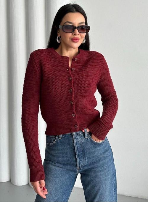 Bordo Bisiklet Yaka Örme Basic Hırka-00279