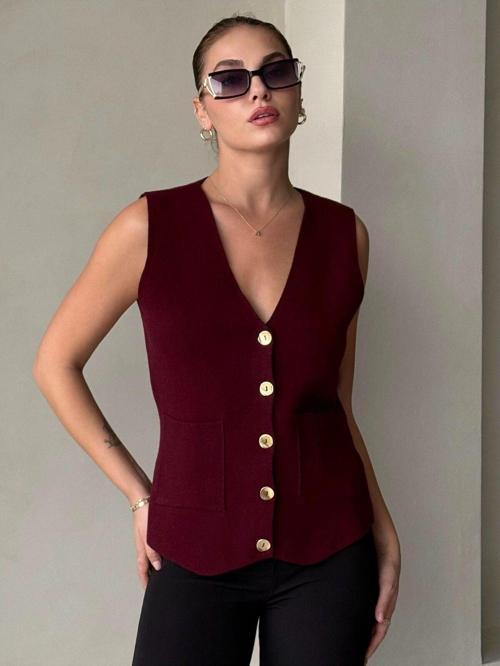 Bordo Cherry Altın Düğmeli Yelek - 4534