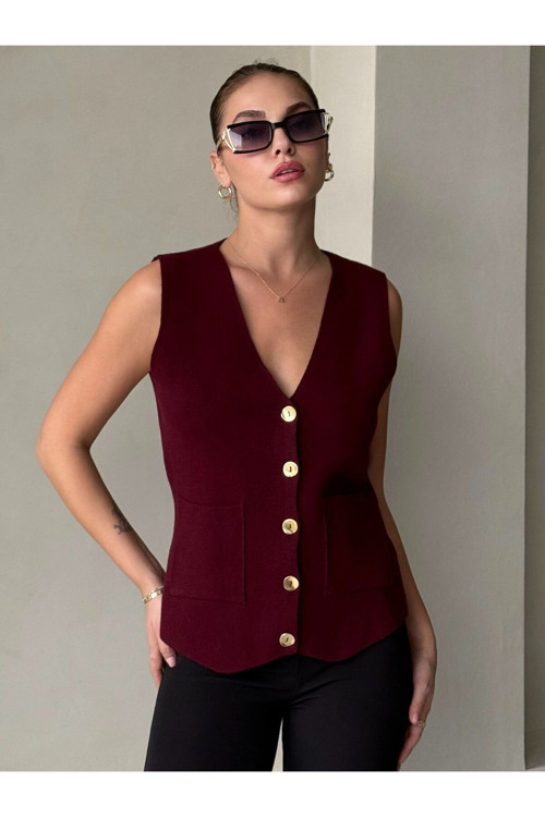 Bordo Cherry Altın Düğmeli Yelek - 4534