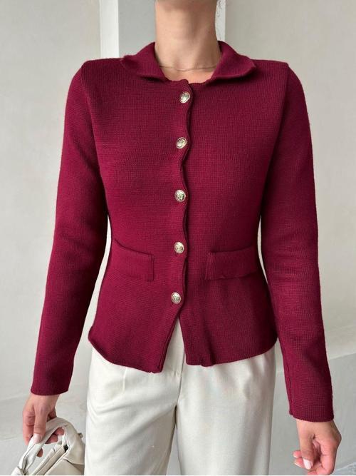 Bordo Cindy Polo Yaka Hırka-4376