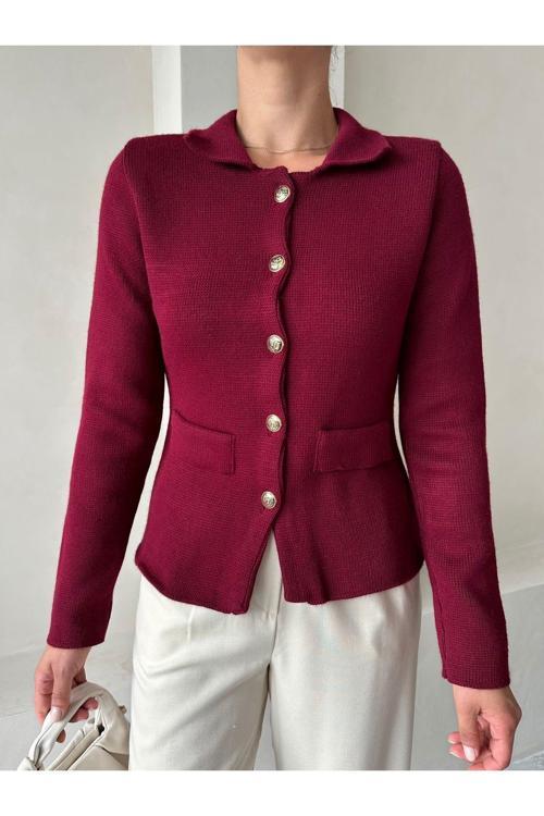 Bordo Cindy Polo Yaka Hırka-4376