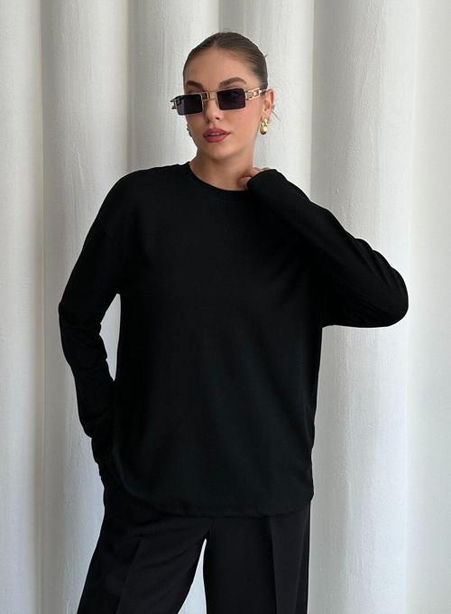 Siyah Uzun Kollu Geniş Tshirt - 24151