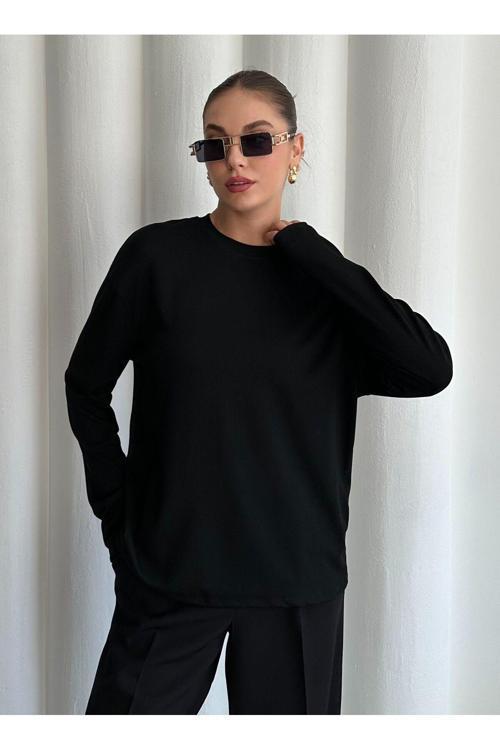 Siyah Uzun Kollu Geniş Tshirt - 24151