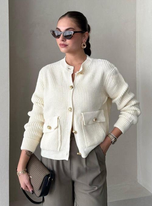 Krem Belle Gül Düğmeli Hırka-4522