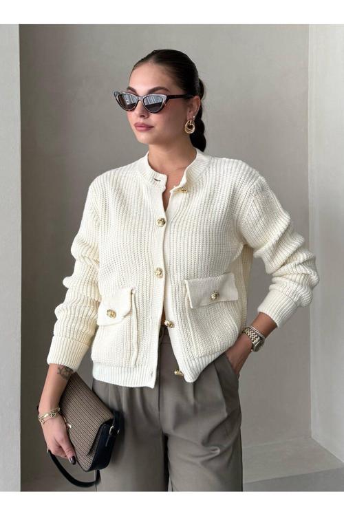 Krem Belle Gül Düğmeli Hırka-4522