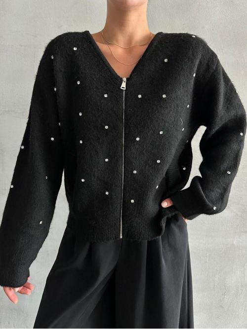 Siyah Çoklu Mini Taşlı Fermuarlı Hırka-4514