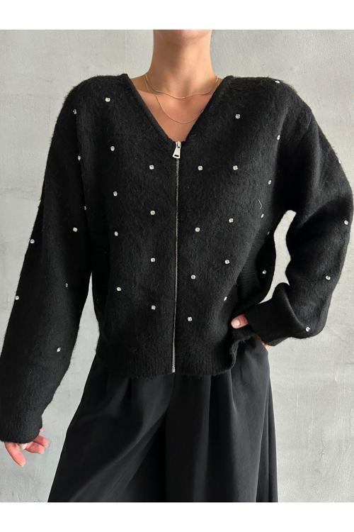 Siyah Çoklu Mini Taşlı Fermuarlı Hırka-4514