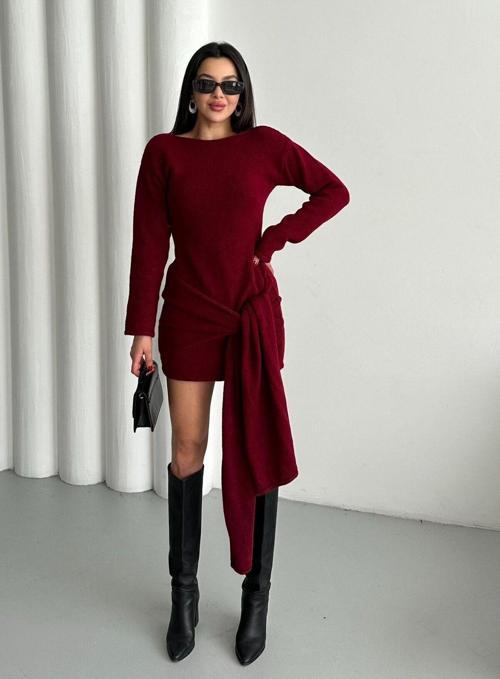 Bordo Önü Bağlamalı Kısa Elbise - 7123