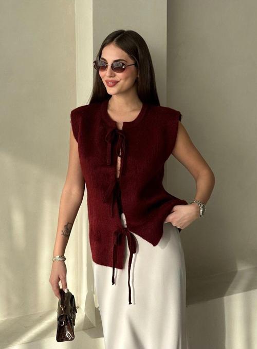 Bordo Önü Bağlamalı Yün Yelek - 4629
