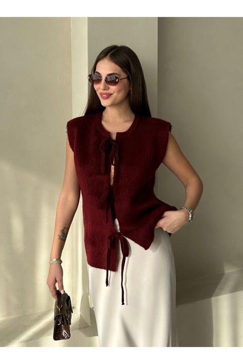 Bordo Önü Bağlamalı Yün Yelek - 4629