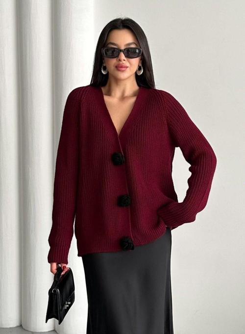 Bordo Premium Çiçek Düğmeli Hırka - 4511