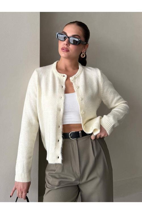 Krem Shake Düğmeli Basic Hırka-4488
