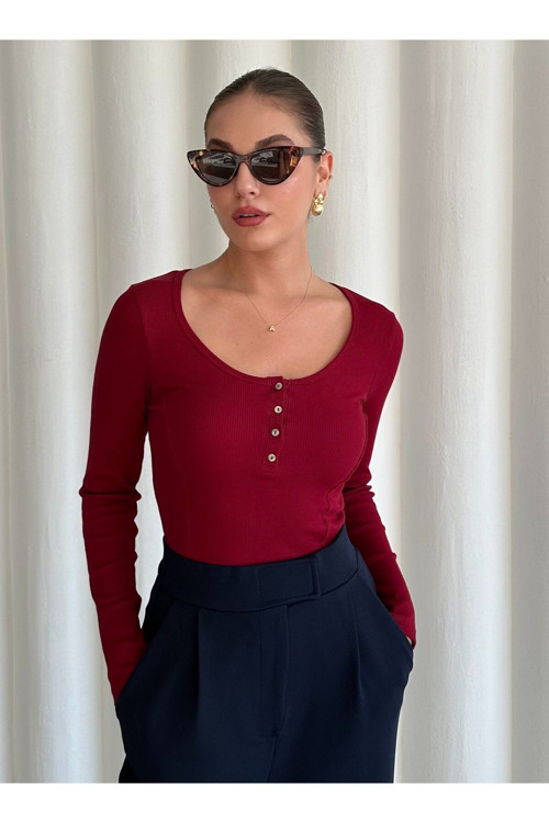 Bordo Sedef Düğmeli Uzun Tshirt - 2634