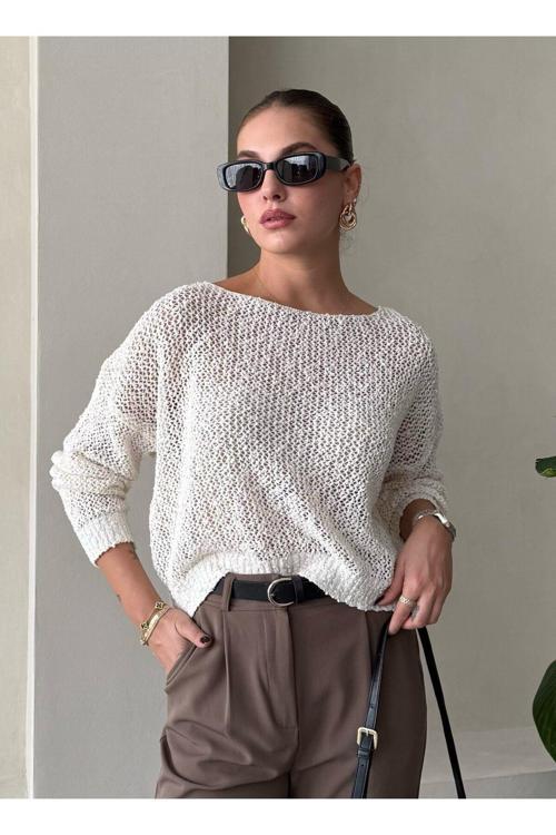 Krem Spider Triko Rahat Kesim Kazak-4412