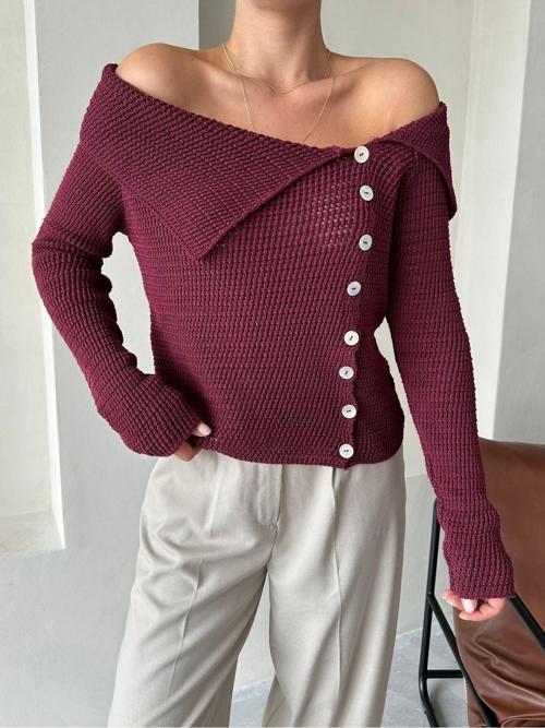 Bordo Yakalı Rustik Örme Hırka-Tk241151