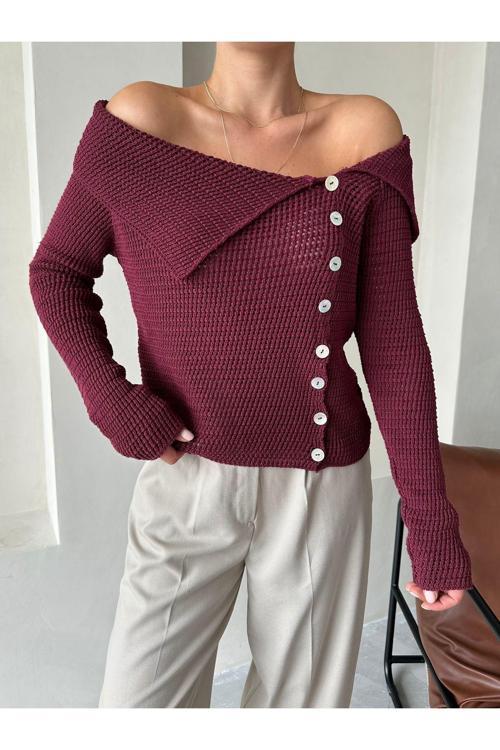 Bordo Yakalı Rustik Örme Hırka-Tk241151