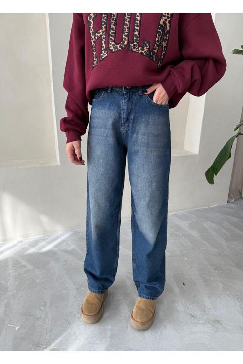 Lacivert Arkası Kemer Tokalı Boyfriend Jean Pantolon-3064