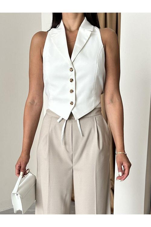 Ekru Cut-Out Detaylı Arkadan Bağlamalı Yelek