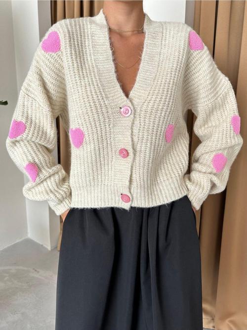 Taş Pembe Kalpli Triko Hırka-4422