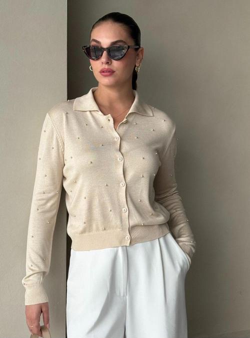 Taş Polo Yaka Mini Topçuklu Hırka -4560