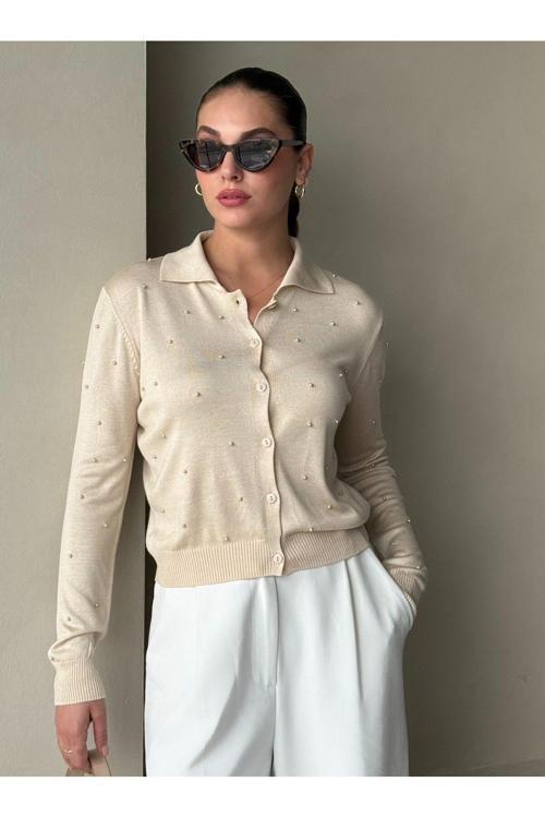Taş Polo Yaka Mini Topçuklu Hırka -4560