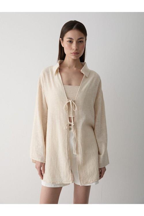 Taş Rengi %100 Keten Bağcık Detaylı Kimono Bluz