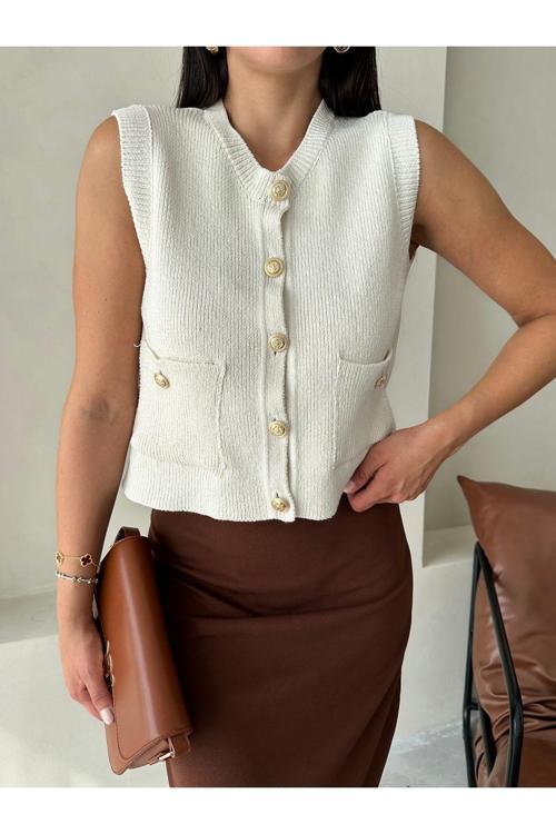 Ekru Sophia Cepli Düğmeli Triko Süveter 4495