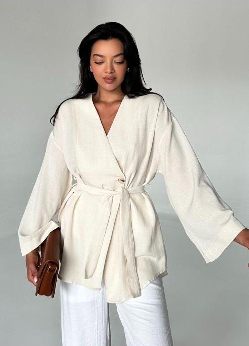 Taş Rengi %100 Pamuk Düğme Detaylı Kemerli Keten Kimono