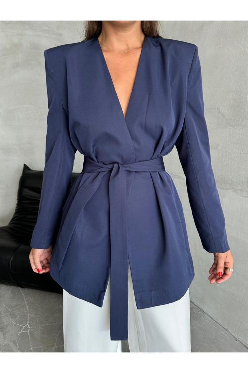 Lacivert Elegant Kuşaklı Ceket