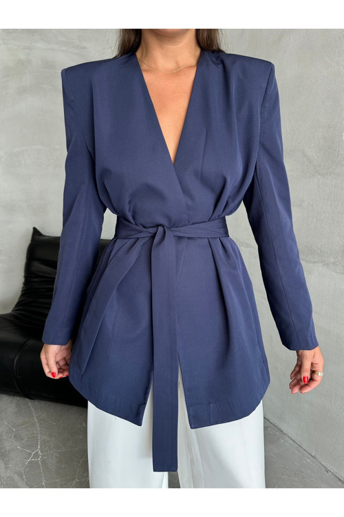 Lacivert Elegant Kuşaklı Ceket