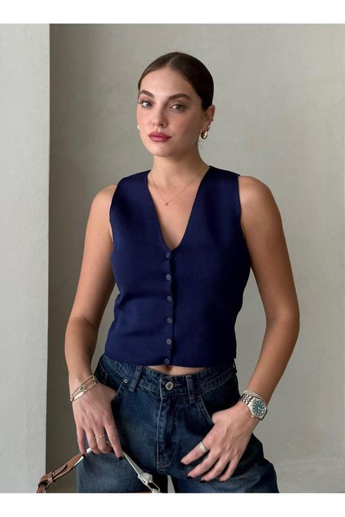 Lacivert Elenor Çıtçıt Düğmeli Triko Yelek