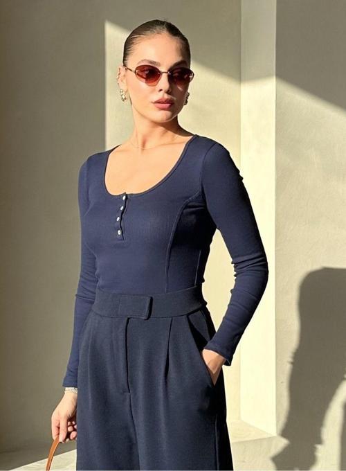Lacivert Sedef Düğmeli Uzun Tshirt - 2634