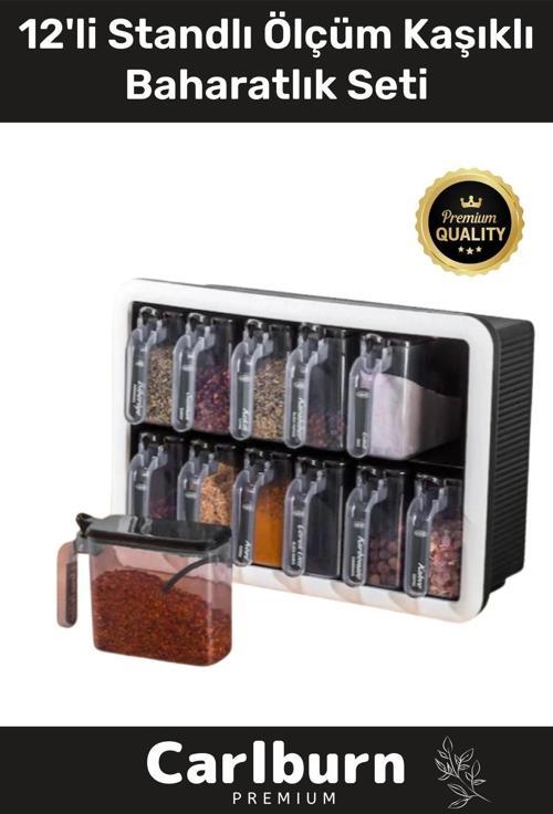 Premium Modern Pratik Bölmeki Şeffaf Mutfak Tezgah 12li Standlı Ölçü Kaşıklı Plastik Baharatlık Seti