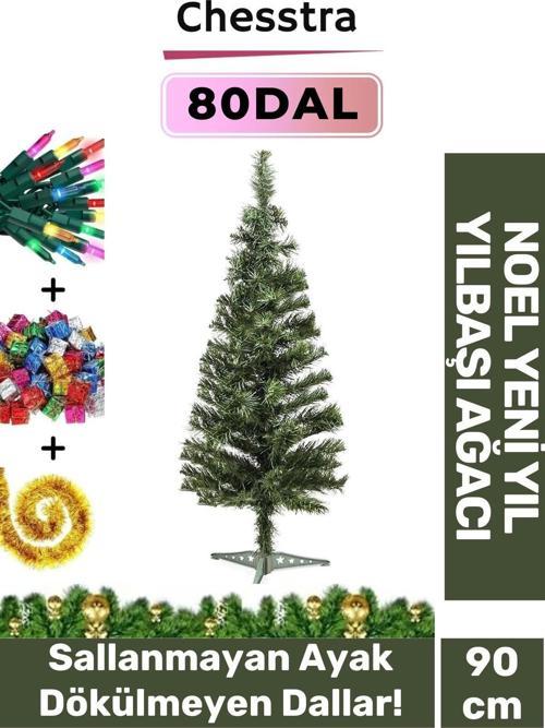 Kutulu Ayaklı Süsleme Seti Yılbaşı Çam Ağacı Renkli Işığı Yeni Yıl Süsleri Noel Paket 90 Cm 80 Dal
