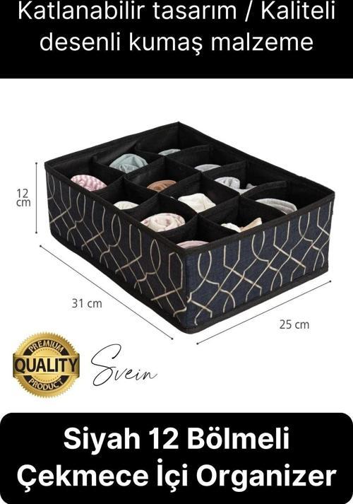 12 Bölmeli Dolap Çekmece İçi Düzenleyici Siyah Organizer Çorap Kravat Hobi Kutusu Kozmetik Aksesuar