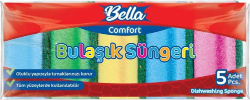 Bella Comfort Renkli Oluklu Bulaşık Süngeri 5'Li Paket