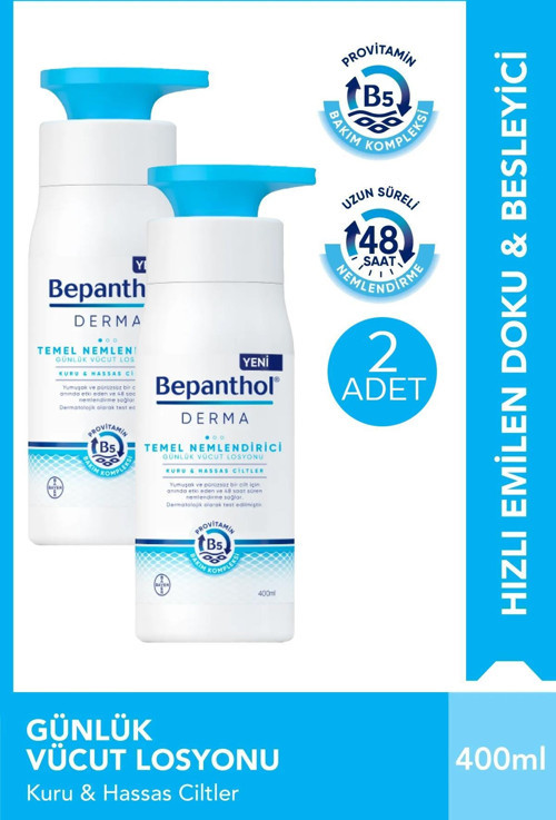 Derma Temel Nemlendirici Günlük Vücut Losyonu 400 ml Kuru Hassas Ciltler 2 Adet