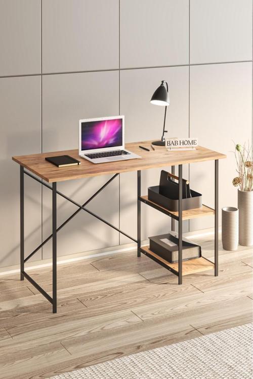 2 Raflı Metal Ayaklı Atlantik Çam Çalışma Masası Raflı Ofis Masası Ders Çalışma Masası