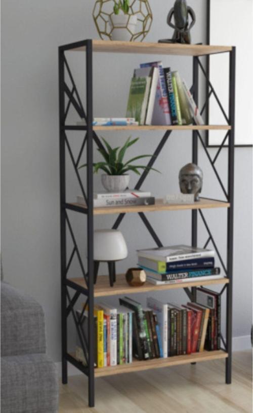 60 Cm Dekoratif 5 Raflı Kitaplık Metal Kitaplık Çam Klasik Suntalam Modern Metal Kahverengi Modern