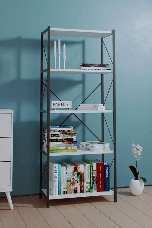 Dekoratif 5 Raflı Metal Kitaplık Dosya Kitap Rafı Ofis Salon Raf Beyaz