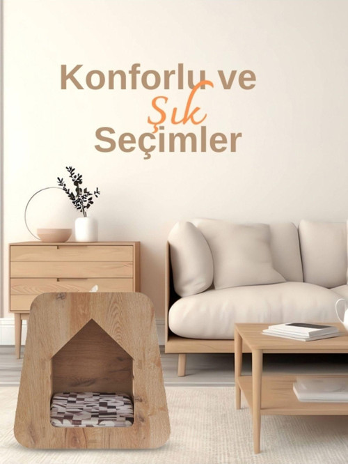 Kedi Köpek Evi Caramel 30*50 Yıkanabilir Kumaş Minder ve Yatak Dahil