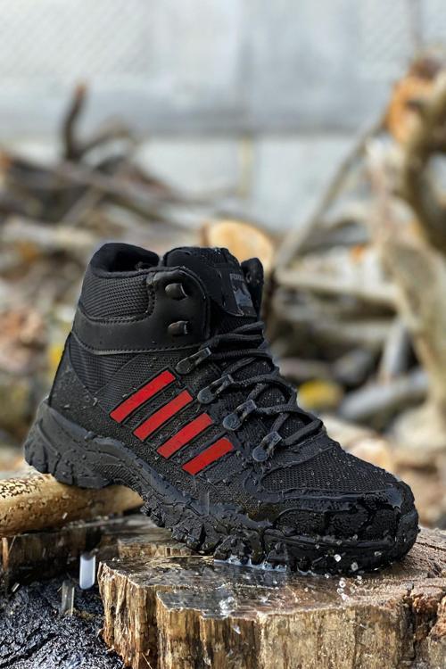 Siyah Kırmızı Çizgili Kauçuk Unisex Trekking Bot