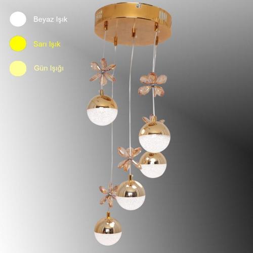 Tt033-5-Sr Kelebek Toplu Model Sarı Kaplama 5 Li 3 Renk Modüllü Ledli Avize