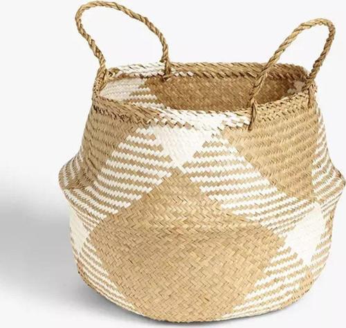 Beyaz Desenli Medium Boy Katlanabilir Hasır Sepet / Saksılık 30X28Cm