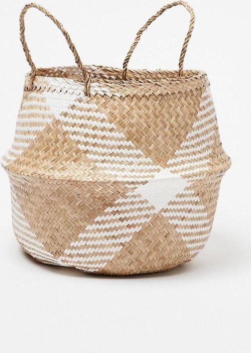 Beyaz Desenli Modern Large Boy Katlanır Hasır Sepet / Saksılık 35X32Cm