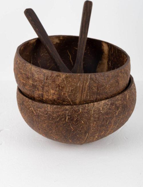 El Yapımı Natural Hindistan Cevizi Kase + Abanoz Kaşık 2 Kişilik Set