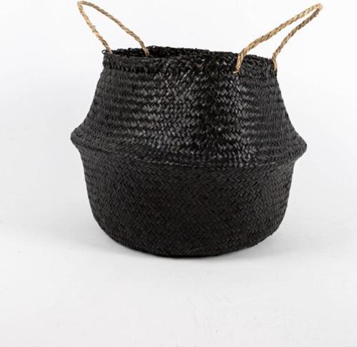 Siyah Small Boy Katlanabilir Doğal Hasır Sepet Saksılık, El Yapımı, Dekoratif Ve Şık 25X25Cm
