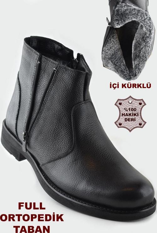 3405 İçi Kürklü Hakiki Deri Erkek Bot Ayakkabı Ortopedik Taban Fermuarlı Deri Bot