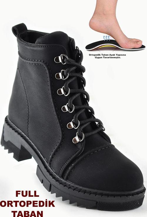 786 Günlük Bağcıklı Fermuarlı Siyah Kadın Bot Ayakkabı Kışlık Bayan Bot