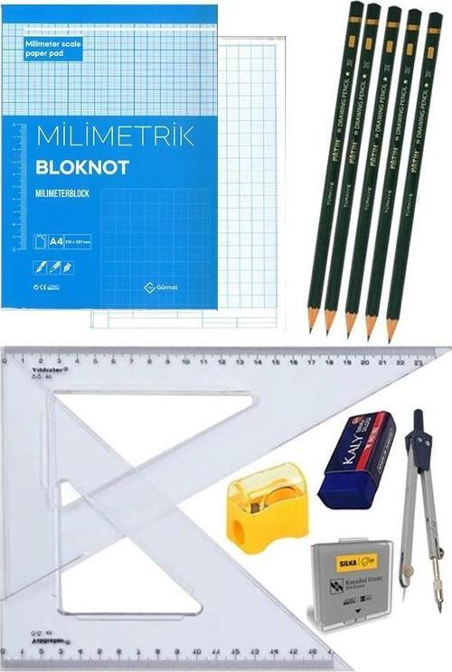 Milimetrik Teknik Çizim Seti 12 Parça 1 Paket Mavi Milimetrik Çizim Defteri Gönye Dereceli Kalem Metal Pergel Silgi Kale